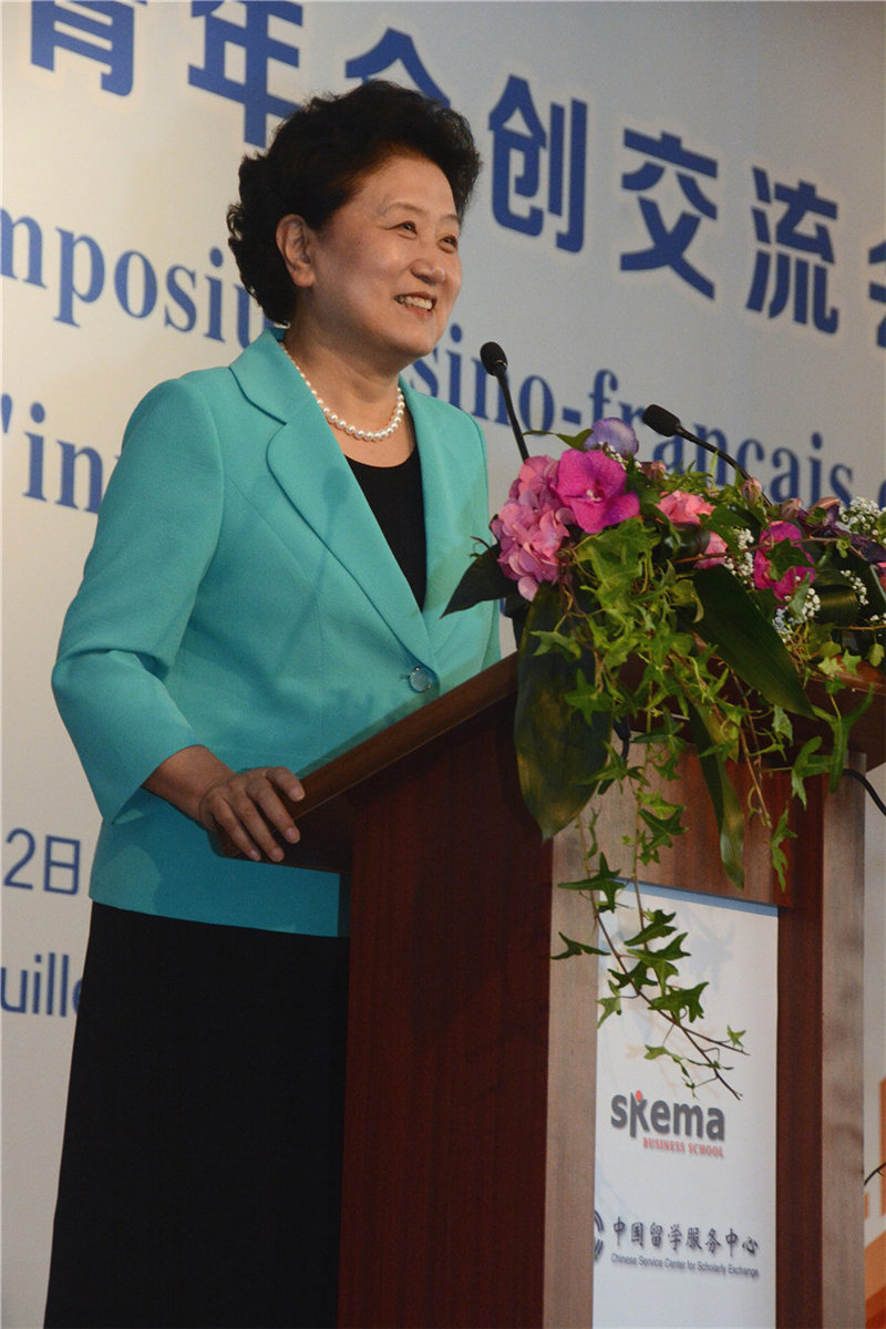 刘延东副总理在“春晖杯”中法青年众创交流会上发表讲话。