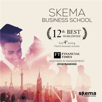 2019年10月27日，英国著名媒体《金融时报》（Financial Times）发布了备受全球各界瞩目的管理学硕士2019年度全球百强榜单。在该项权威榜单中，SKEMA商学院跃居全球第 12 位，较2018 年突破性地上升了 13 个名次。