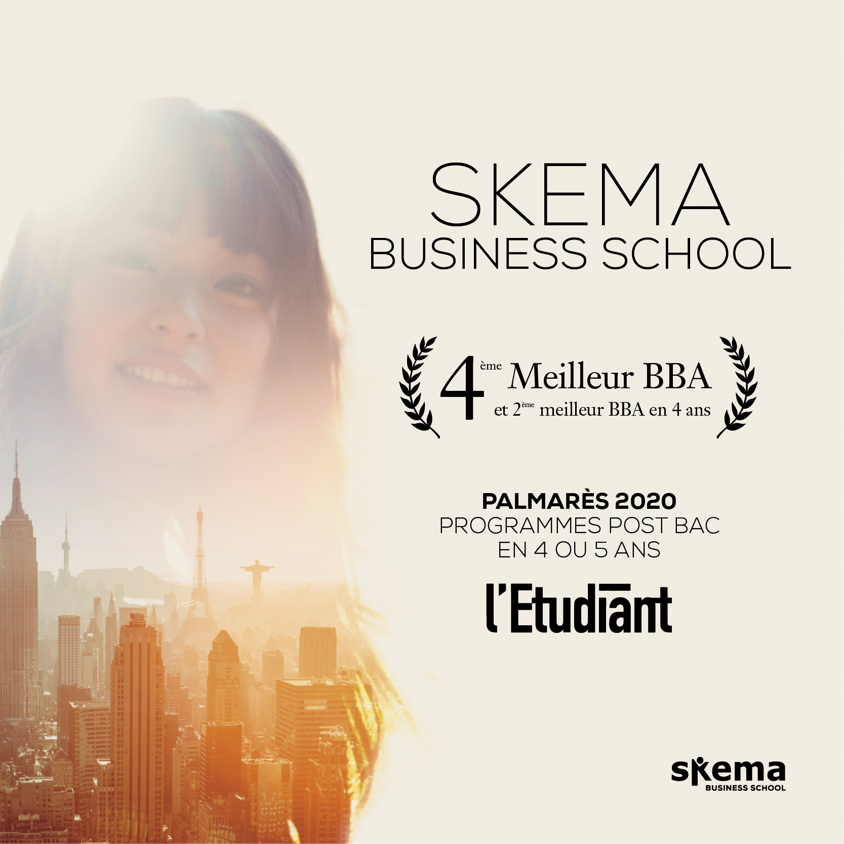 《l'Etudiant》发布2020年法国高商本科排名,SKEMA商学院四年制国际本科BBA项目全法第2 2019年11月,法国知名报刊《l’Etudiant》大学生报公布了其2020年法国高等商学院本科项目综合排名。SKEMA商学院的排名持续取得进步:国际本科BBA项目全法综合排名第4,在四年制本科项目类别中排名全法第2。